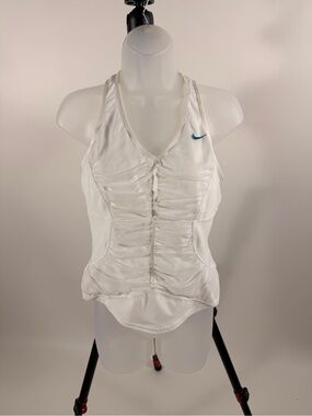 Nike White Ruched Racerback Tank with Teal Swoosh